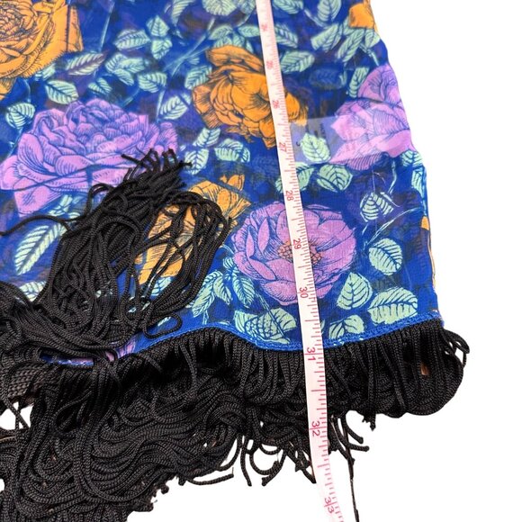 Lularoe Cardigan Women S Blue Floral Black Fringe Monroe Kimono Semi Sheer - Picture 7 of 12